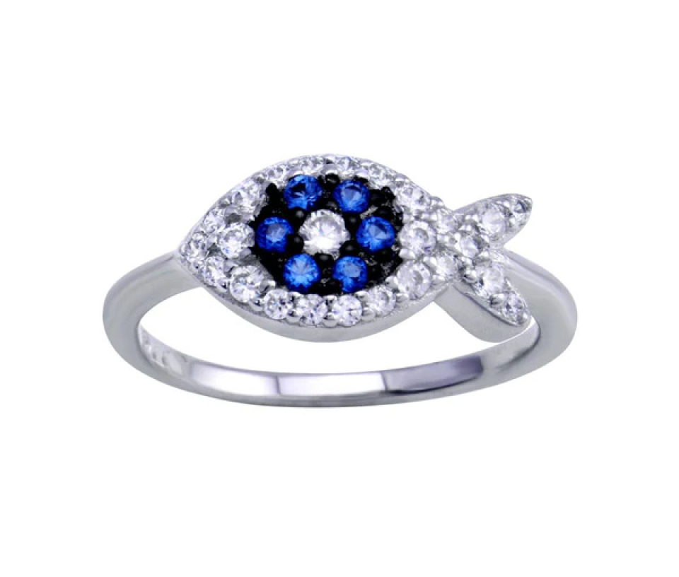 BAGUE POISSON EN ARGENT RHODIÉ SERTIEV DE CUBIQUES ZIRCONIAS BLEUS ET BLANCS - SP BGR01288/6 - BIJOUX D'IMPORTATION