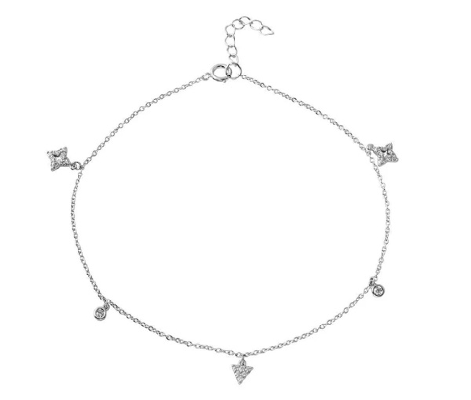 CHAINE DE CHEVILLE AVEC TRIANGLE ET ÉTOILES SERTIS DE CUBIQUES ZIRCONIAS EN ARGENT RHODIÉ - SP BGF00017 - BIJOUX D'IMPORTATION