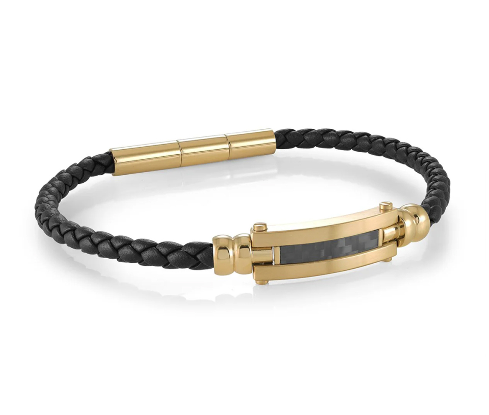 BRACELET DE CUIR TRESSÉ AVEC PLAQUE EN ACIER/PVD OR ET FIBRE DE CARBONE - IG SLB642 - ITALGEM