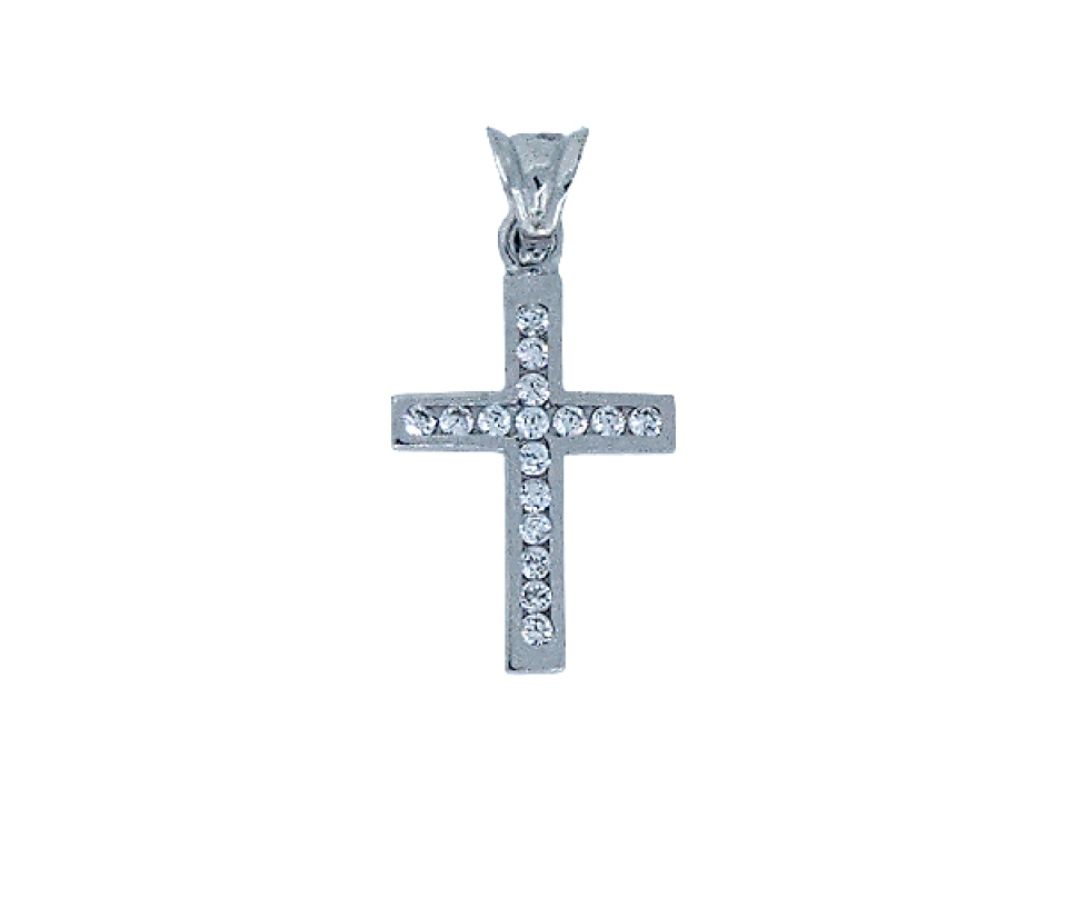 PENDENTIF CROIX EN OR BLANC SERTIE DE CUBIQUES ZIRCONIAS - S CROIX02 - BIJOUX D'IMPORTATION