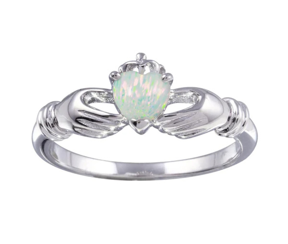 BAGUE CLADDAGH EN ARGENT RHODIÉ SERTIE D'UNE OPALE SYNTHÉTIQUE ET DE CUBIQUES ZIRCONIAS - SP BGR01273/5 - BIJOUX D'IMPORTATION