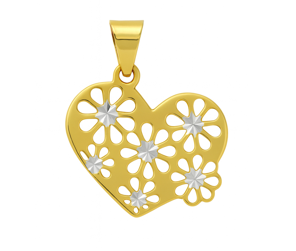 PENDENTIF COEUR/FLEUR EN OR JAUNE AVEC ACCENTS EN OR BLANC - MB COEUR24 - BIJOUX D'IMPORTATION