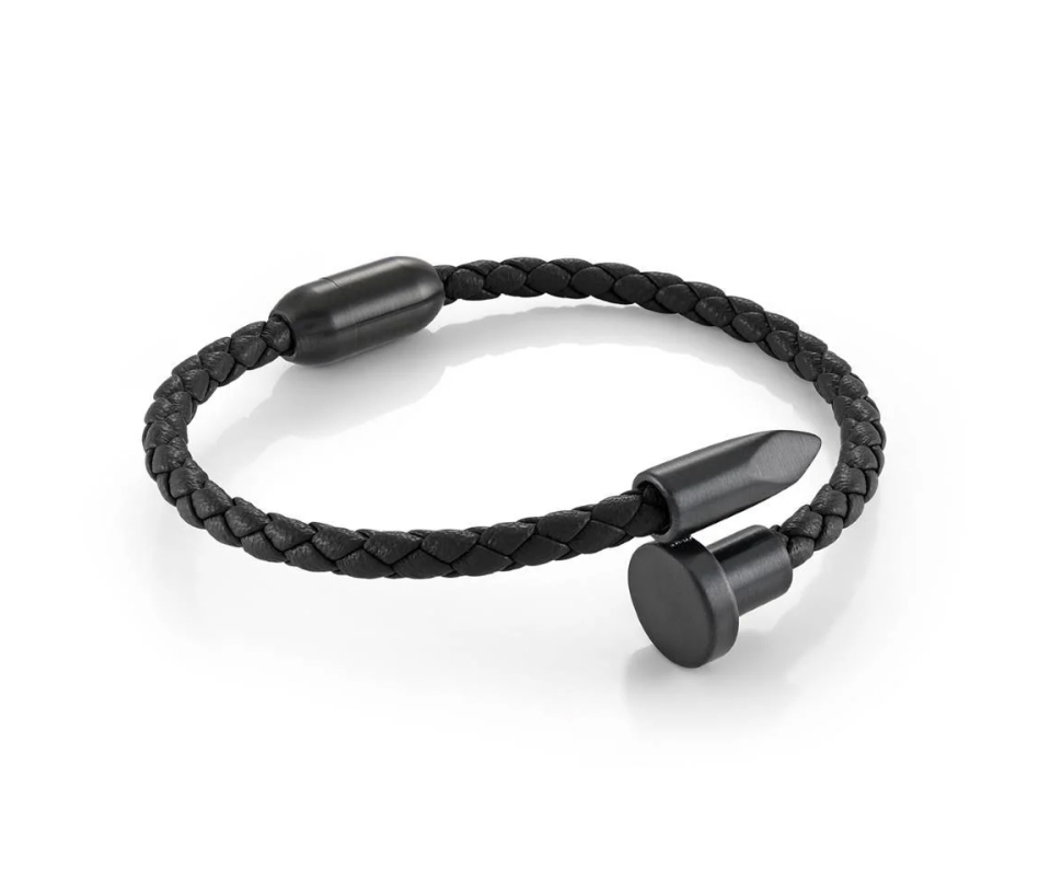 BRACELET EN CUIR TRESSÉ ET ACIER/PVD NOIR À MOTIF CLOU - IG SLB684/7.5 - ITALGEM