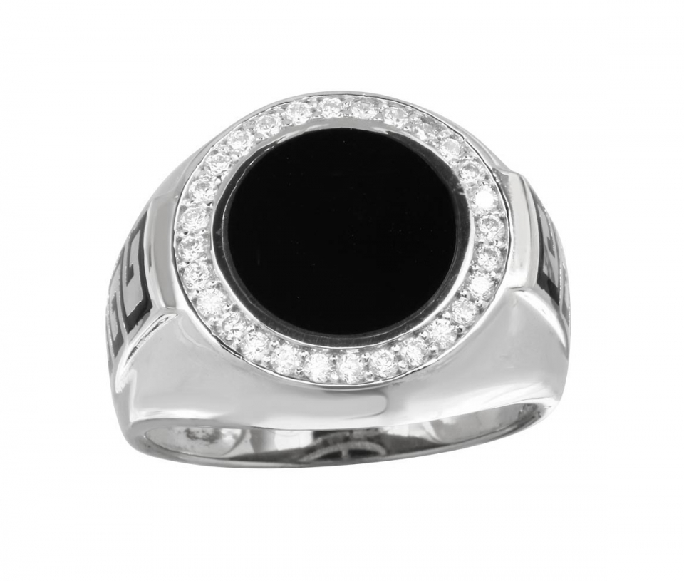 BAGUE POUR HOMME EN ARGENT RHODIÉ SERTIE DE CUBIQUES ZIRCONIAS ET D'ONYX - SP GMR00254/9 - BIJOUX D'IMPORTATION