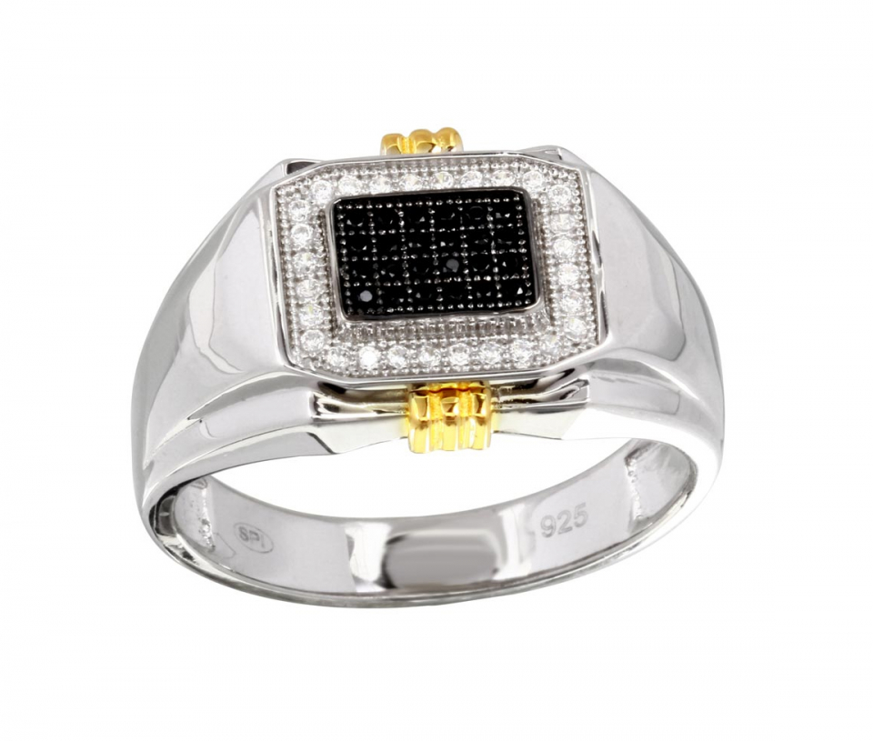 BAGUE EN ARGENT/PVD OR SERTIE DE CUBIQUES ZIRCONIAS NOIRS ET BLANCS - SP GMR00221RG - BIJOUX D'IMPORTATION