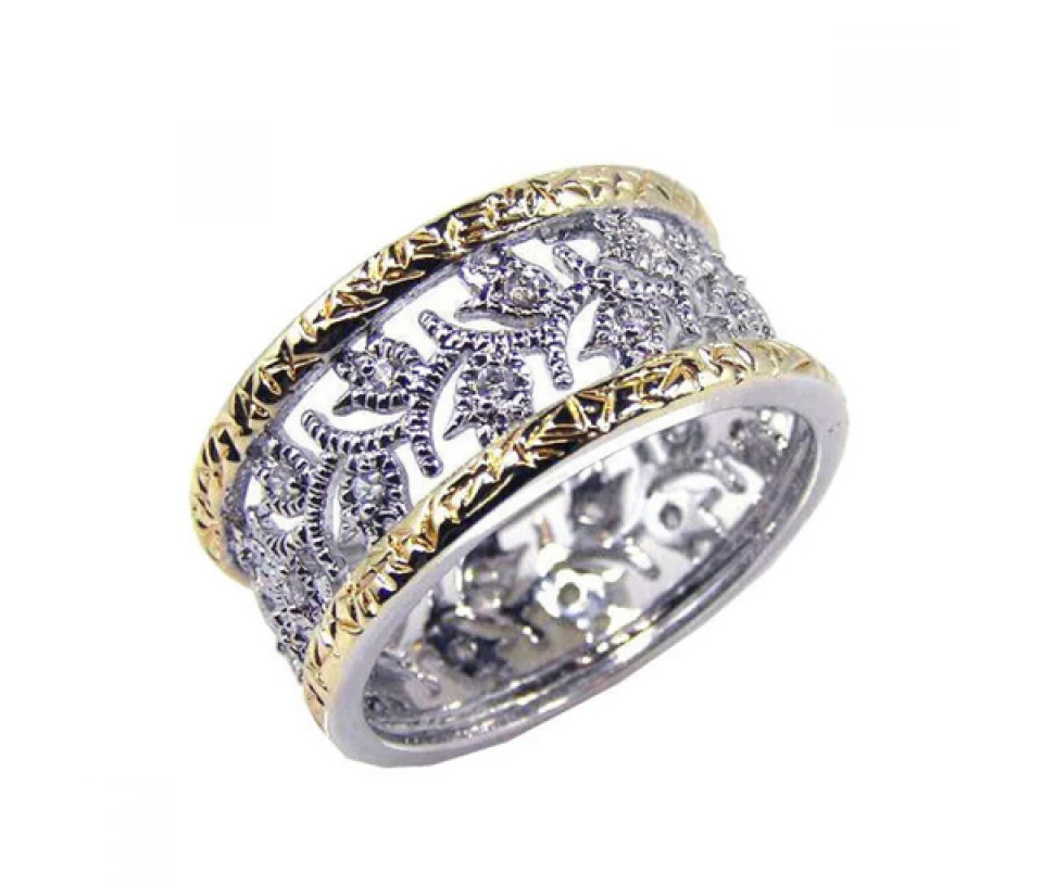 JONC AJOURÉ AVEC FLEURS EN ARGENT RHODIÉ/PVD OR 2 TONS SERTI DE CUBIQUES ZIRCONIAS - SP STR00329/7 - BIJOUX D'IMPORTATION