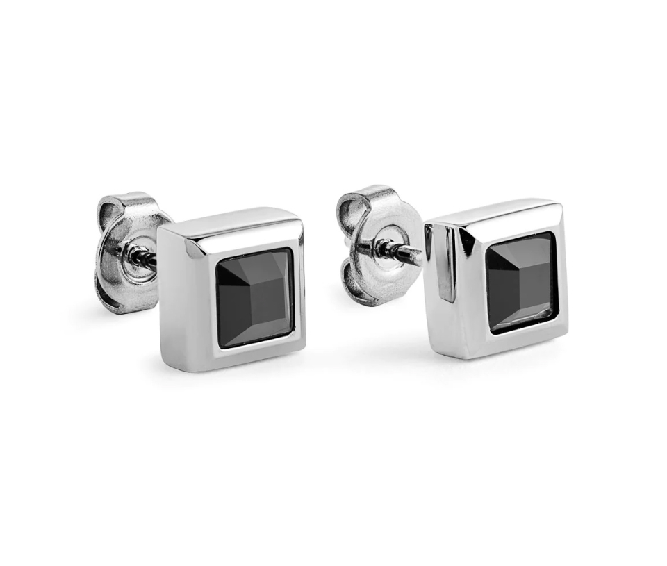BOUCLES EN ACIER SERTIES DE CUBIQUES ZIRCONIAS NOIRS CARRÉS - IG SEA210 - ITALGEM