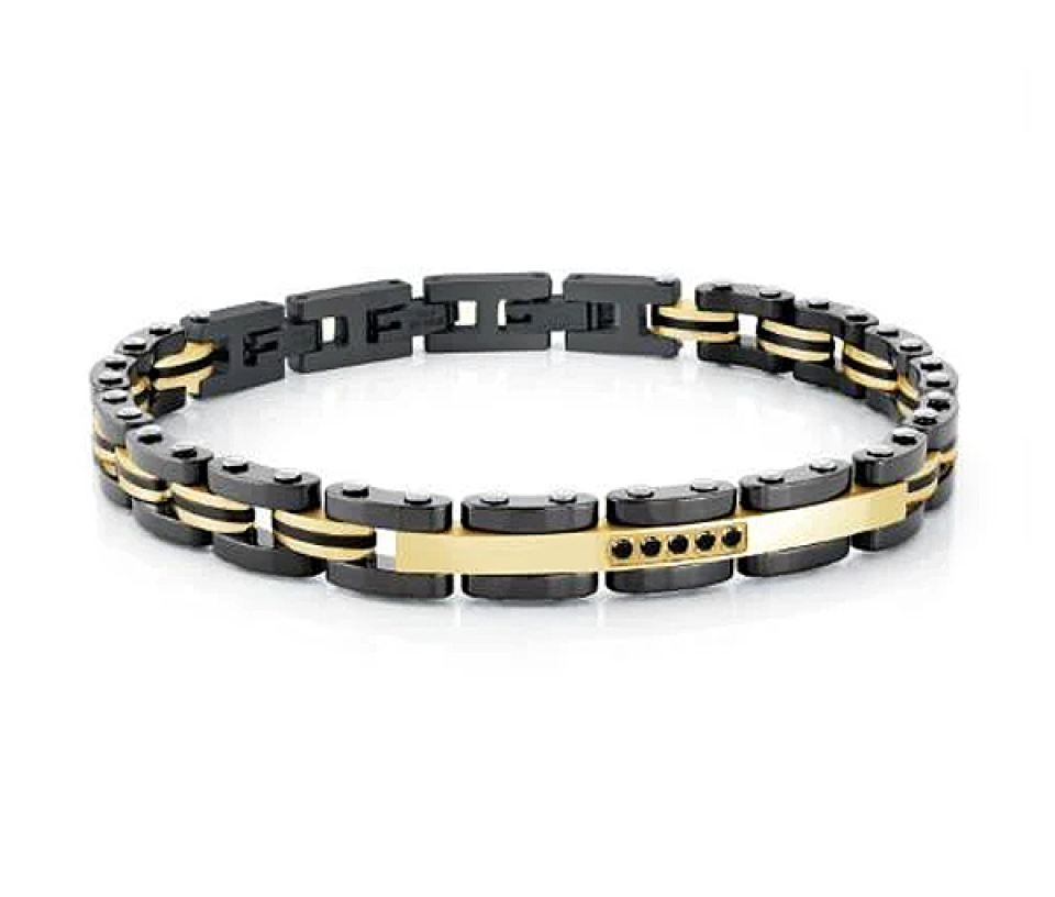 BRACELET EN ACIER/PVD OR ET CÉRAMIQUE NOIR SERTI DE CUBIQUES ZIRCONIAS NOIRS - IG SMB566 - ITALGEM