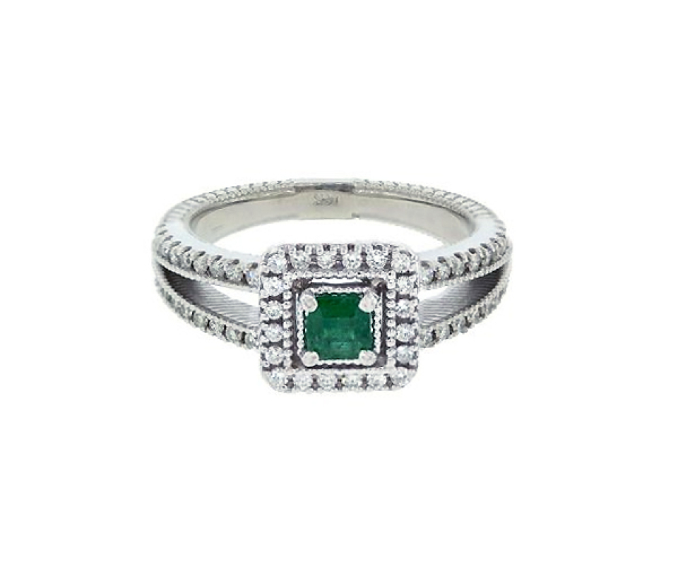 BAGUE EN OR BLANC SERTIE D'UNE ÉMERAUDE ET DE DIAMANTS - SJ MK45EM - FAIT AU CANADA