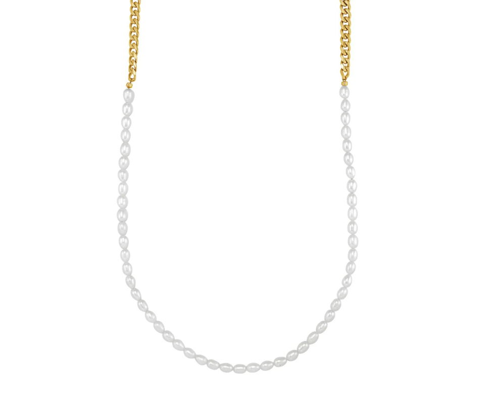 CHAINE/COLLIER EN ACIER/PVD OR À MAILLE GOURMETTE ET PERLES D'EAU DOUCE - IG SYN73 - ITALGEM