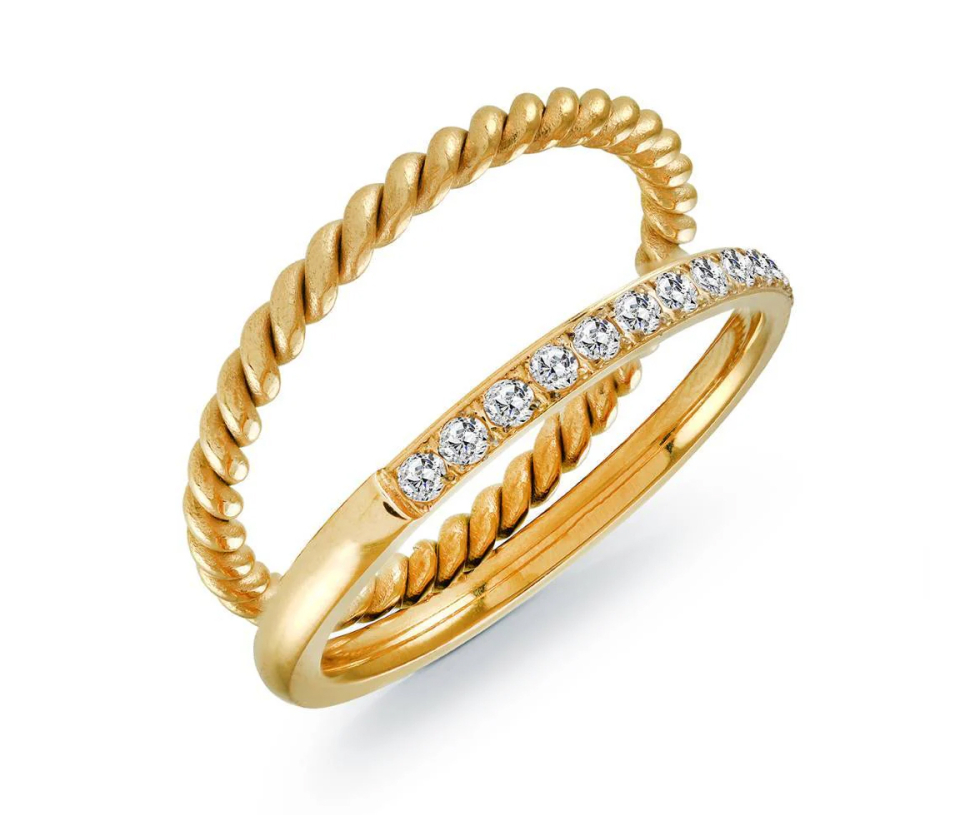 BAGUE DOUBLE EN ACIER/PVD OR TORSADE SERTIE DE CUBIQUES ZIRCONIAS - IG SWR39/5 - VELORIA