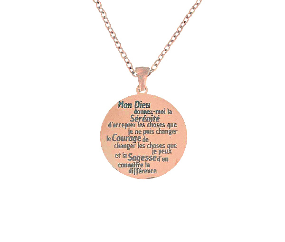 PLAQUE RONDE EN ACIER AVEC GRAVURE DE LA PRIÈRE DE LA SÉRÉNITÉ - SJ PLAROPRIR - BIJOUTERIE SUISSE INC.