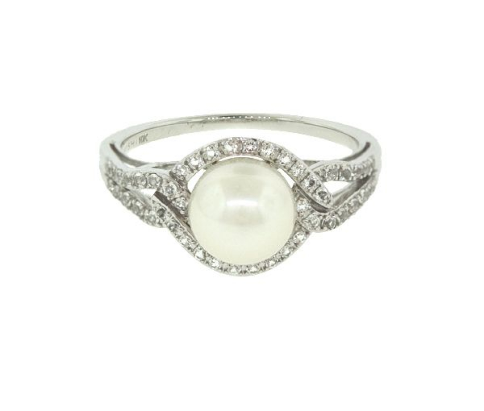 BAGUE EN OR 10K BLANC SERTIE D'UNE PERLE D'EAU DOUCE ET DE CUBIQUES ZIRCONIAS - CG RF16788 - PERLE D'IMPORTATION
