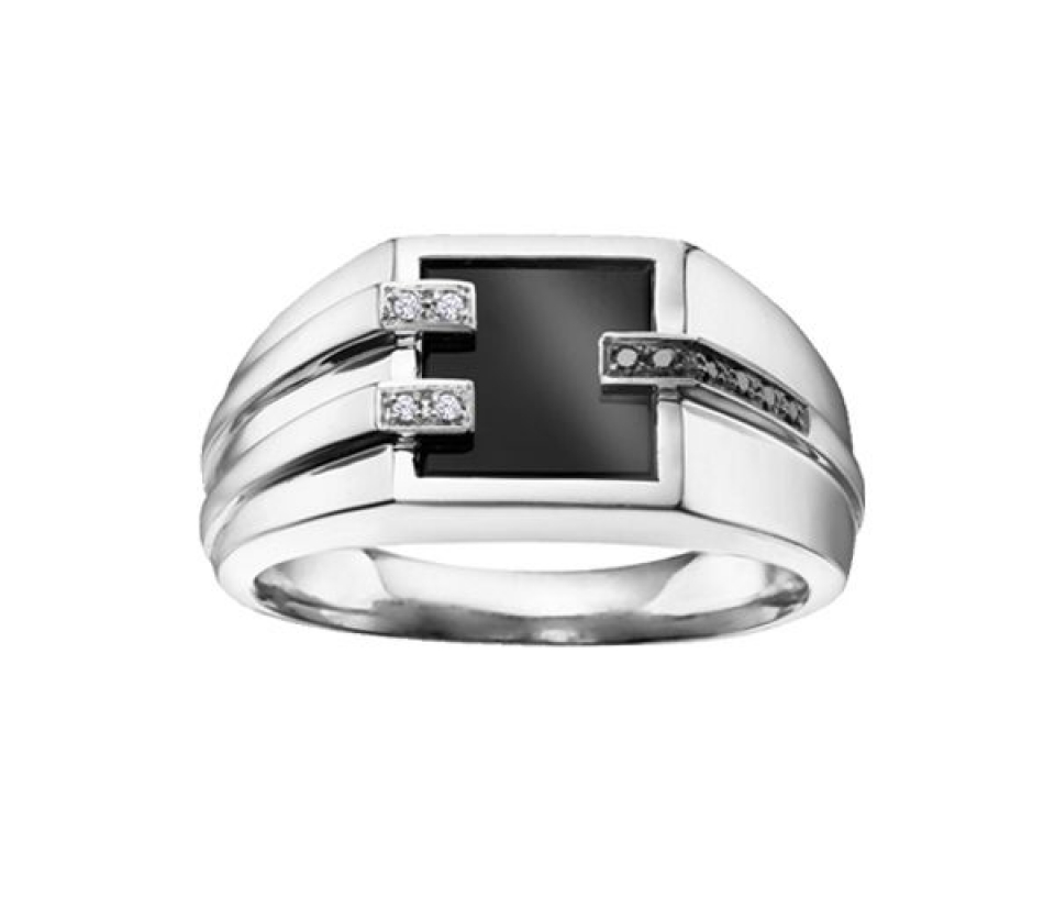 BAGUE POUR HOMME EN OR BLANC SERTIE D'ONYX ET DE DIAMANTS BLANCS ET NOIRS - CR DD2398 - BIJOUX CANADIEN
