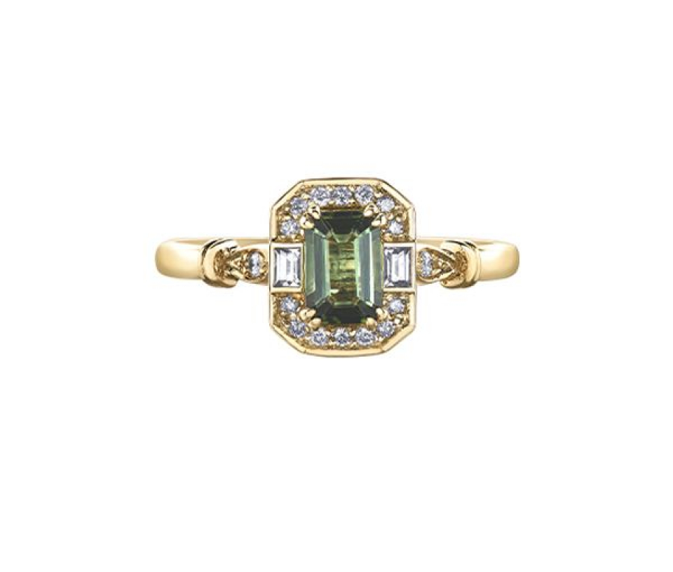 BAGUE EN OR JAUNE SERTIE D'UNE TOURMALINE VERTE DE SAPHIRS BLANCS ET DE DIAMANTS - CR DD7482 - BIJOUX CANADIEN