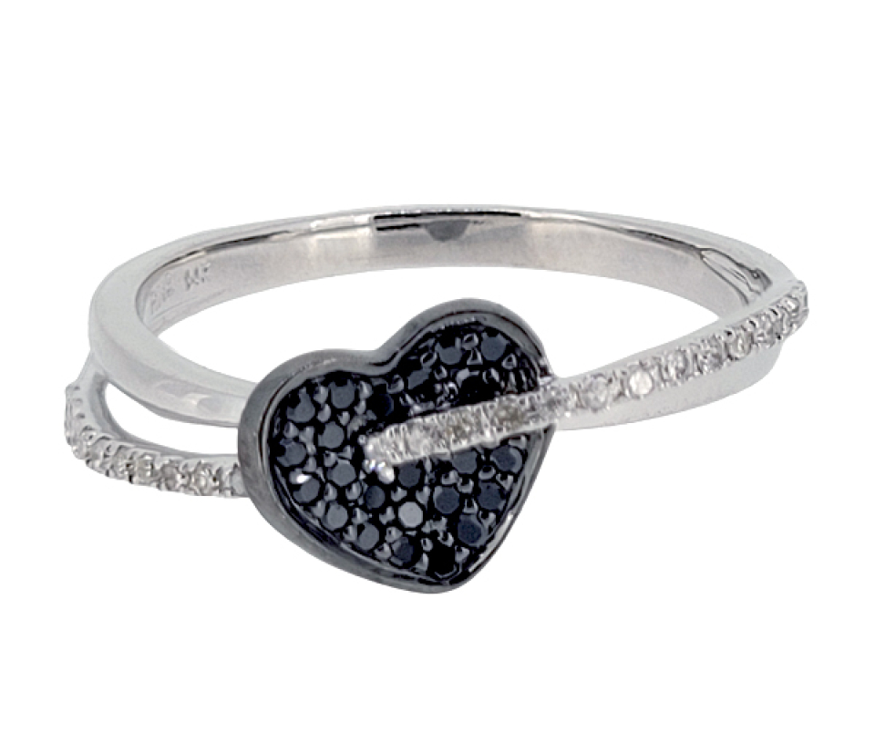 JOLIE BAGUE EN OR 14K BLANC SERTIE DE DIAMANTS BLANCS/NOIRS - SJ LBD18CO - BIJOUTERIE SUISSE